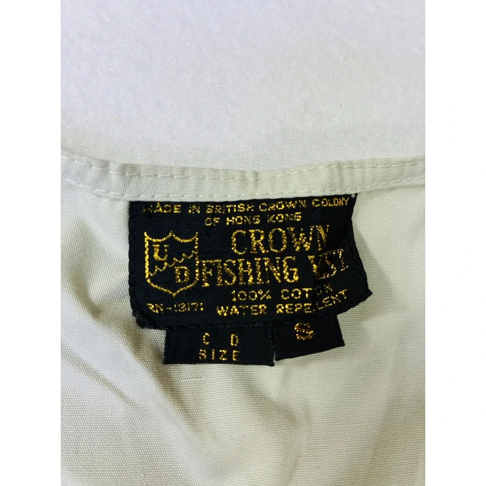 Vintage Crown Fishing Vest Tan Cotton Multi Pocket Fly Patch Mens Small RN 13171